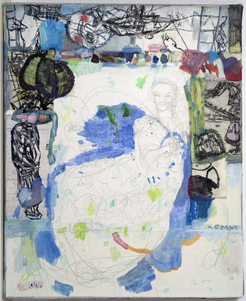 Annette Lucks Giardino volante 2017, Aquarell ,Bleistift, Radierung, Öl, Wachs auf Papier, Leinwand 52 x 42 cm